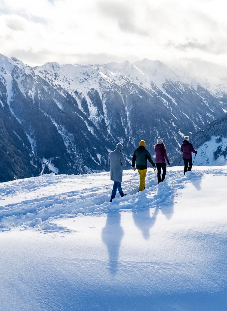 Vier Personen wandern durch frischen Pulverschnee mit Blick auf verschneite Berggipfel und winterliche Alpenlandschaft. | © Winterwanderbilder (c) Gerald Oberreiter